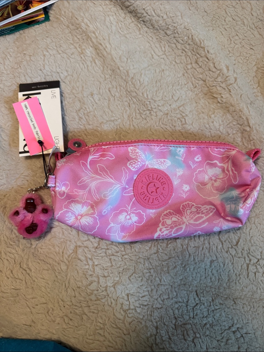 Kipling Pink Floral Pencil Pouch Cosmetic Bag with Monkey Charm NWT